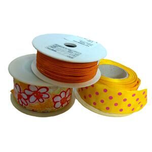 Vintage Orange Psychedelic Daisy Floral Polka Dot Cord Ribbon Rolls Set of 3